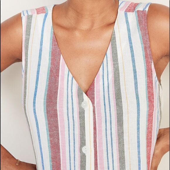 Old Navy Size Medium Linen Blend Sleeveless Striped Midi Dress Pockets - Picture 4 of 12